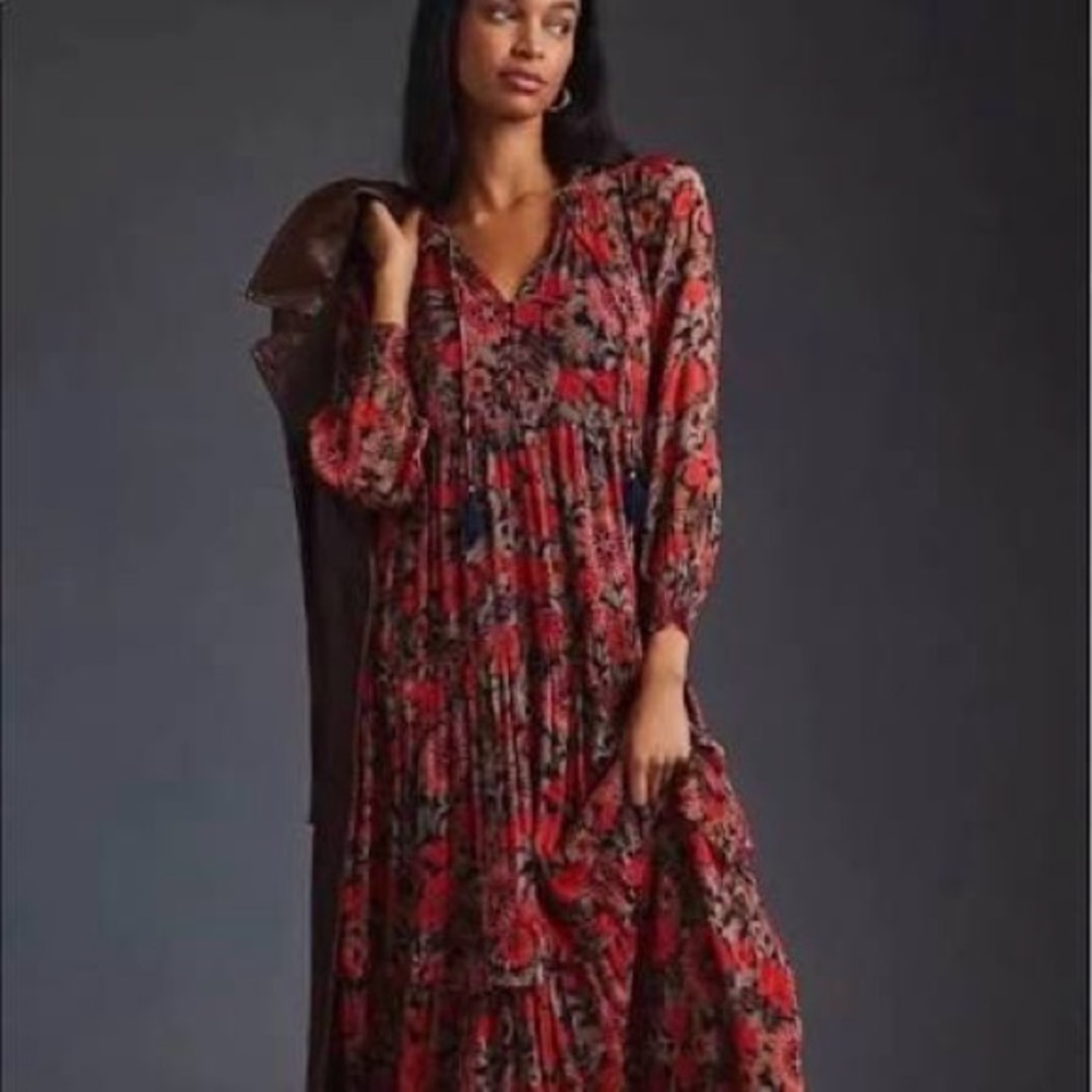 Anthropologie Red Floral Maxi Dress